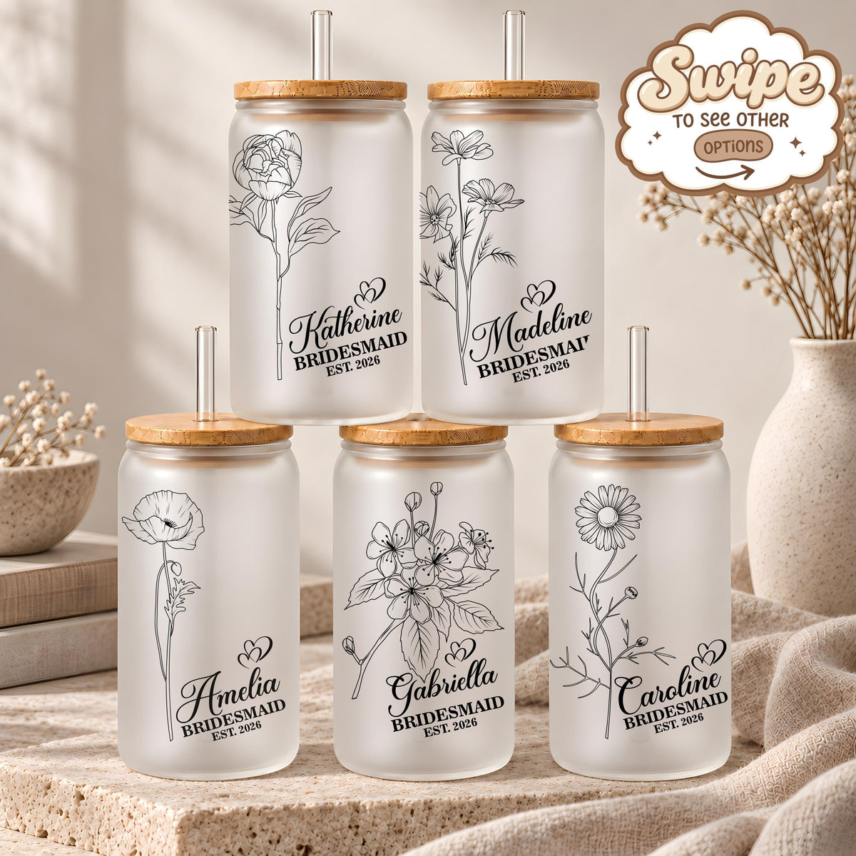 Custom Line Art Birth Flower Iced Coffee Tumbler, Personalized Bridesmaid Can Glass Cup