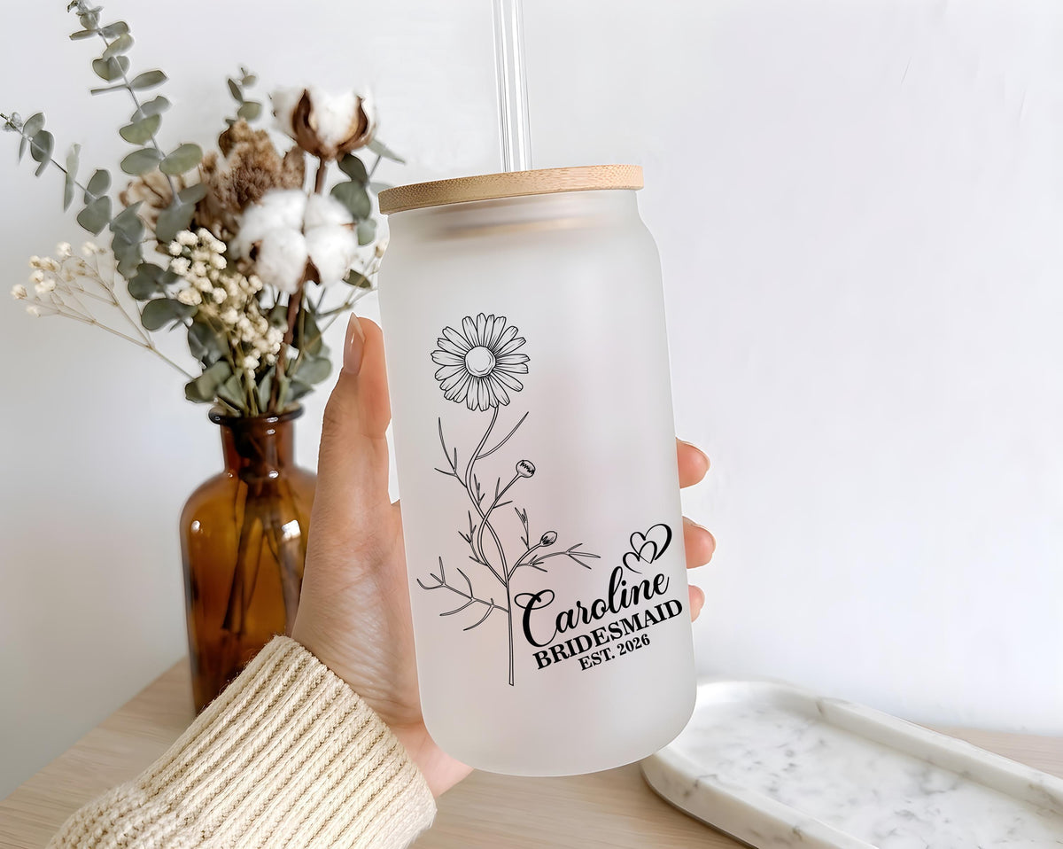 Custom Line Art Birth Flower Iced Coffee Tumbler, Personalized Bridesmaid Can Glass Cup