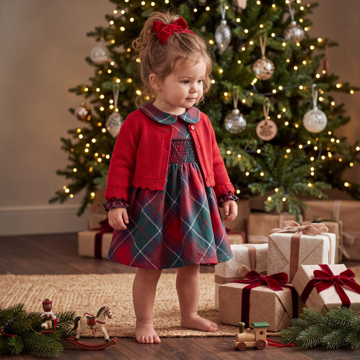 Baby Girl Christmas Plaid Dress and Knit Cardigan Set, First Christmas Outfit