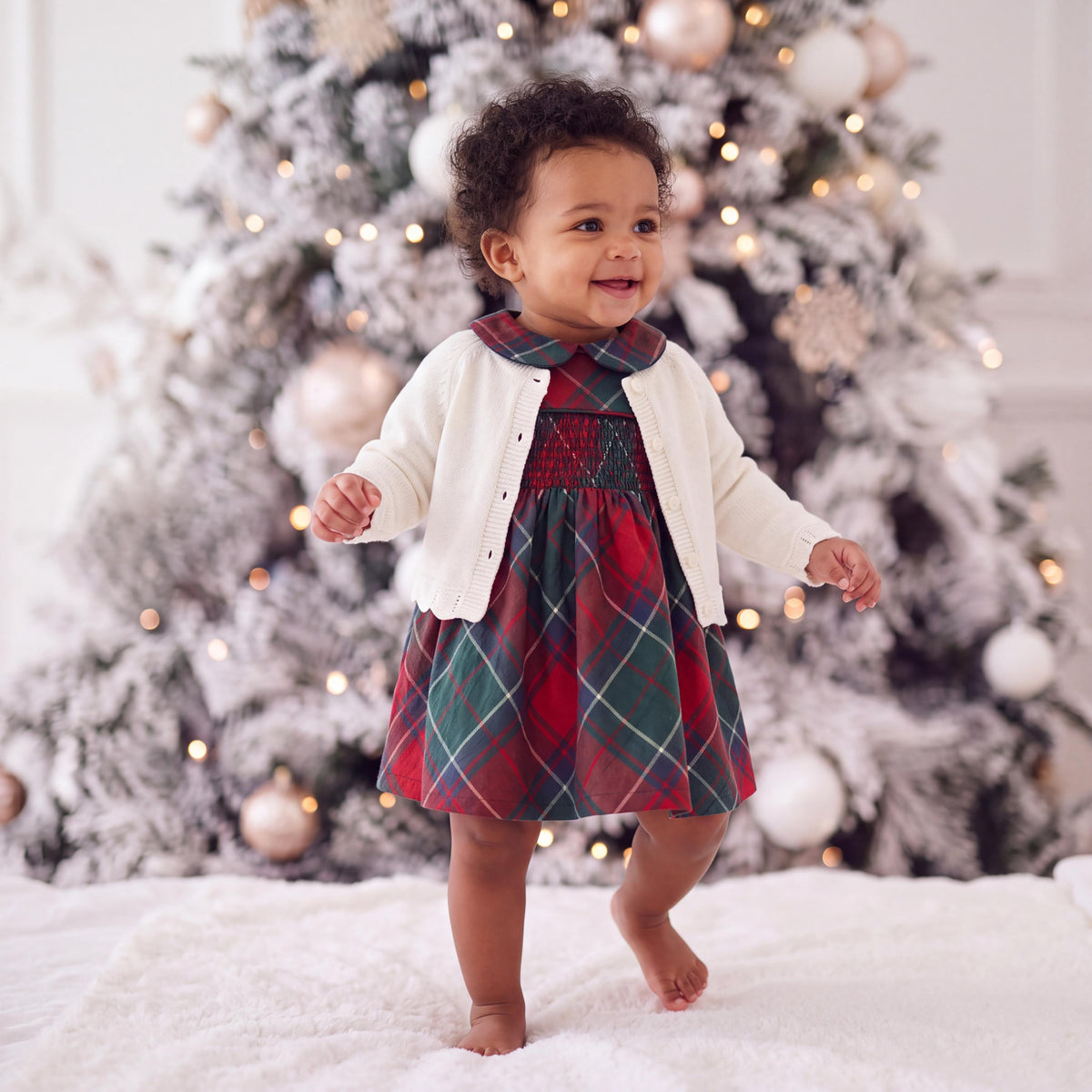 Baby Girl Christmas Plaid Dress and Knit Cardigan Set, First Christmas Outfit