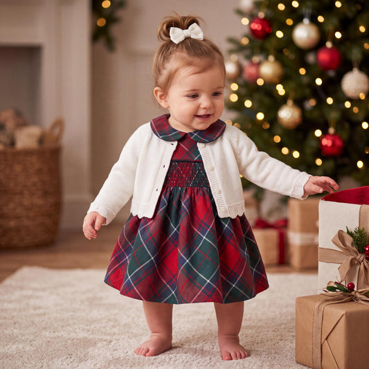 Baby Girl Christmas Plaid Dress and Knit Cardigan Set, First Christmas Outfit