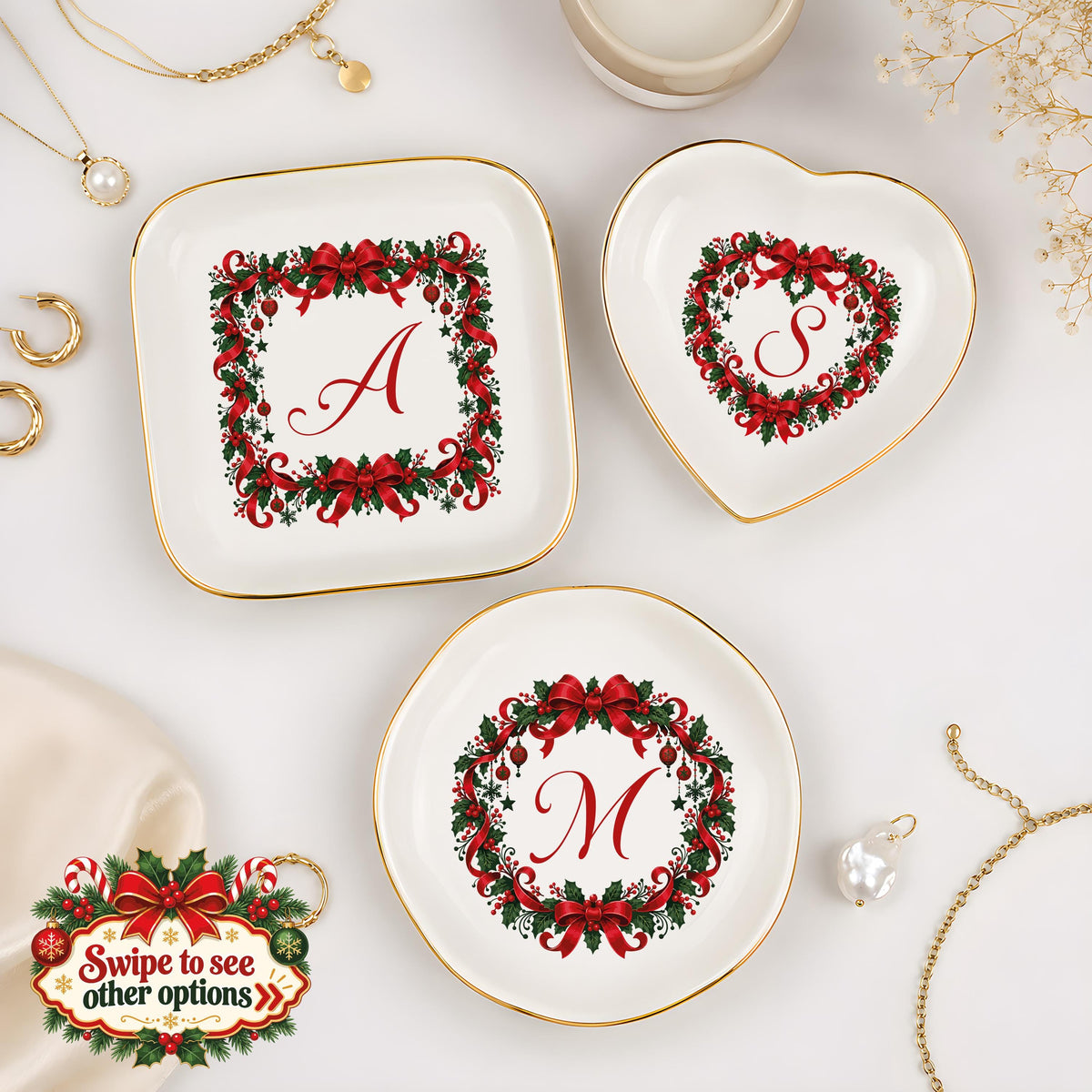 Personalized Christmas Wreath Trinket Tray, Custom Monogram Ring Dish