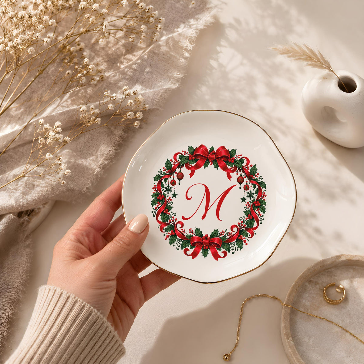 Personalized Christmas Wreath Trinket Tray, Custom Monogram Ring Dish