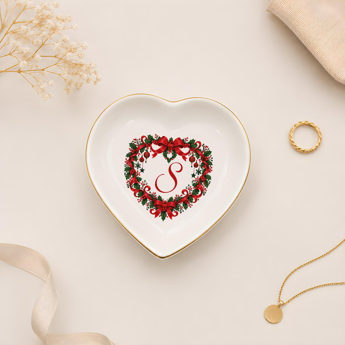 Personalized Christmas Wreath Trinket Tray, Custom Monogram Ring Dish