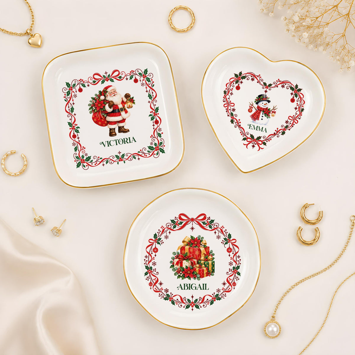 Custom Name Holiday Character Jewelry Tray, Personalized Christmas Ceramic Trinket Dish