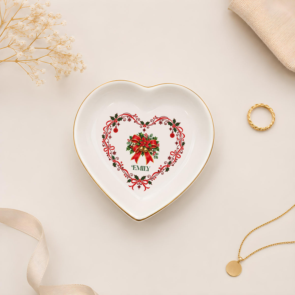 Custom Name Holiday Character Jewelry Tray, Personalized Christmas Ceramic Trinket Dish