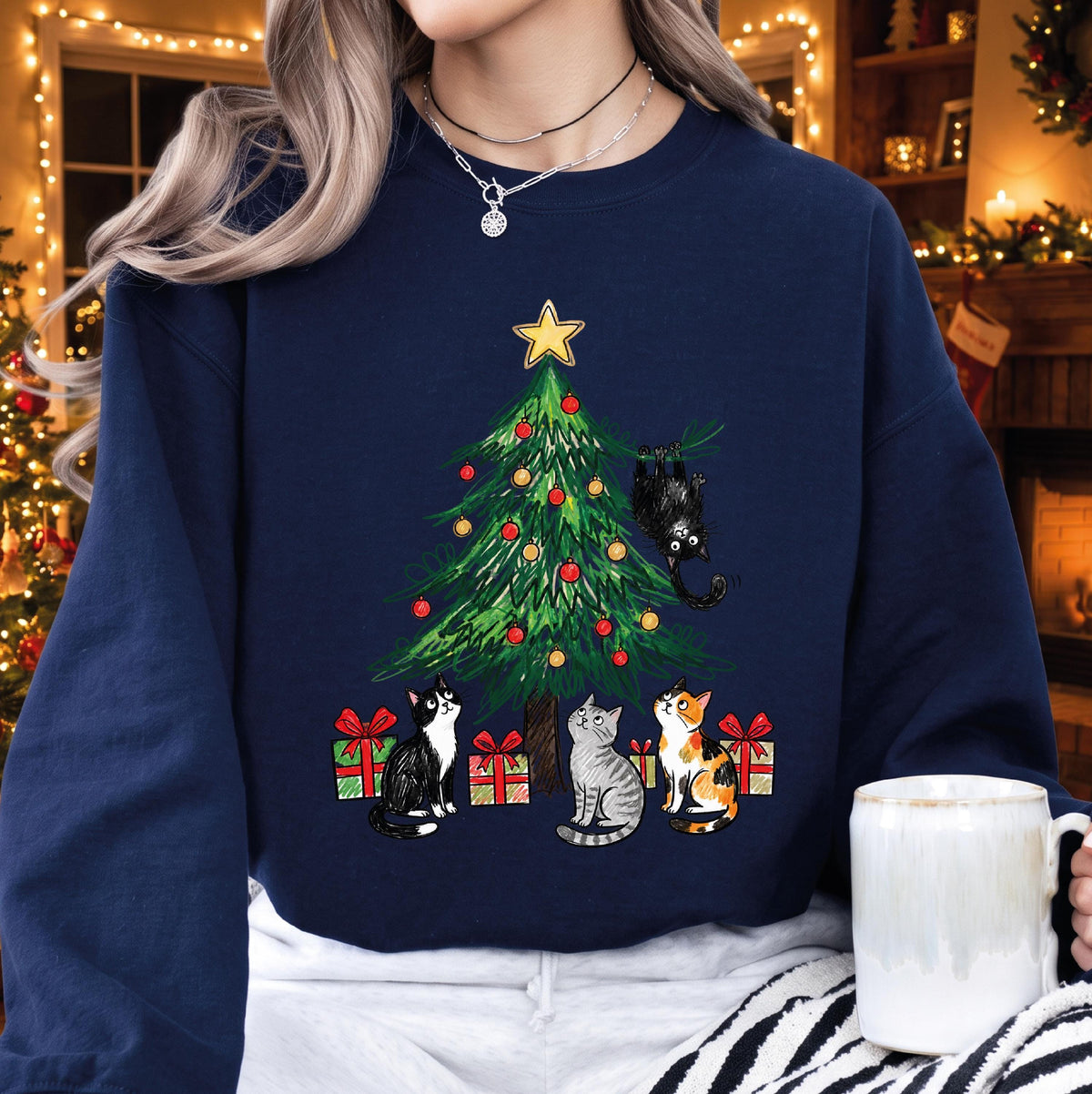 Funny Cat Christmas Tree Sweatshirt, Naughty Kitten Holiday Sweater