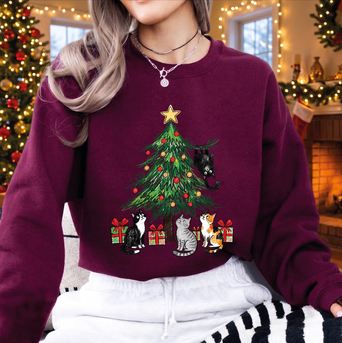 Funny Cat Christmas Tree Sweatshirt, Naughty Kitten Holiday Sweater