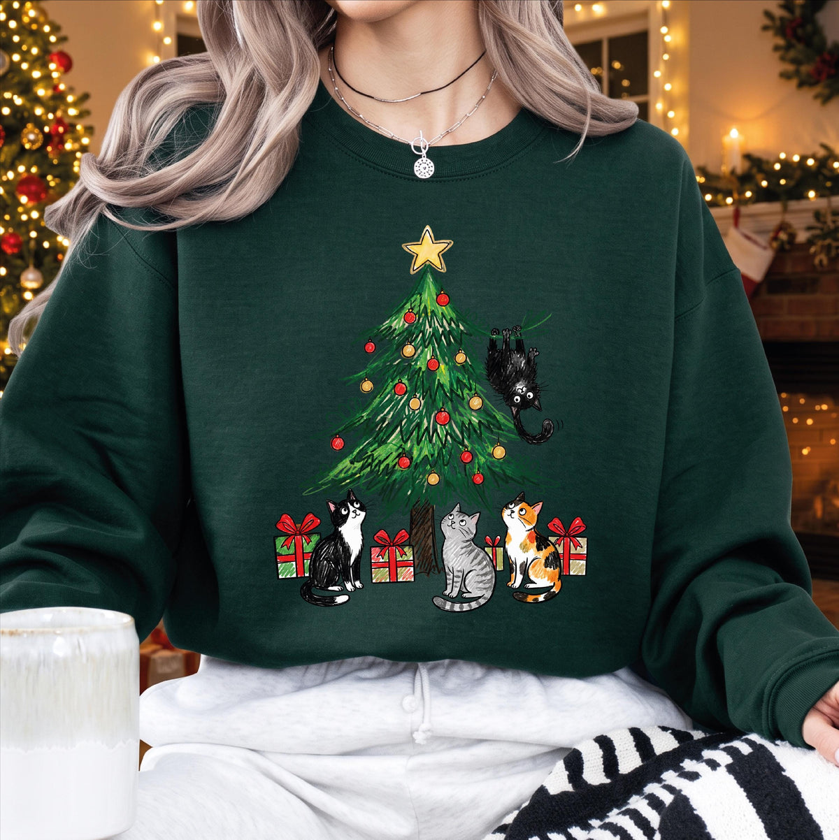 Funny Cat Christmas Tree Sweatshirt, Naughty Kitten Holiday Sweater