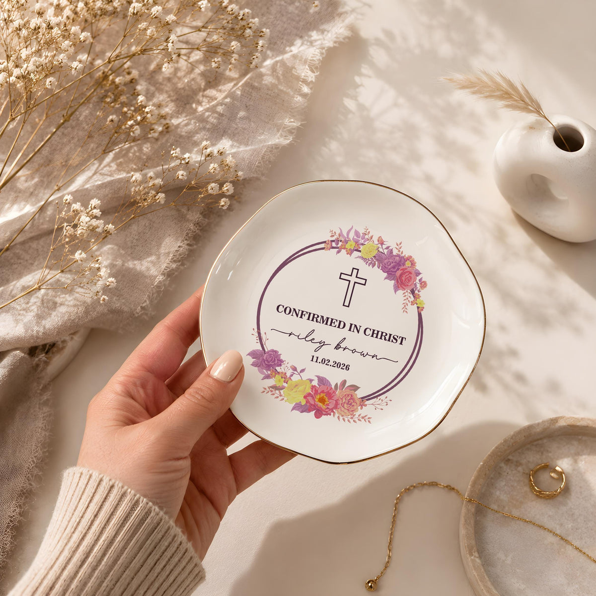 Personalized Confirmed in Christ Ring Dish, Custom Name Religious Trinket Tray