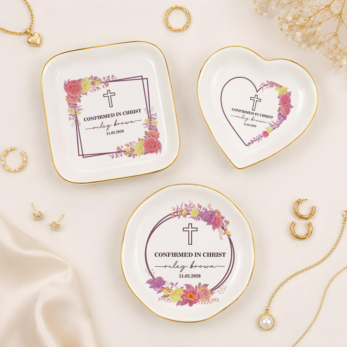 Personalized Confirmed in Christ Ring Dish, Custom Name Religious Trinket Tray