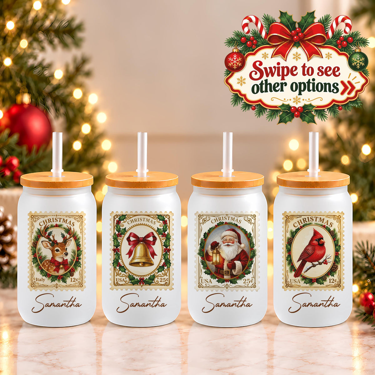 Personalized Christmas Stamp Glass Can Tumbler, Custom Name Santa Reindeer Iced Coffee Cup