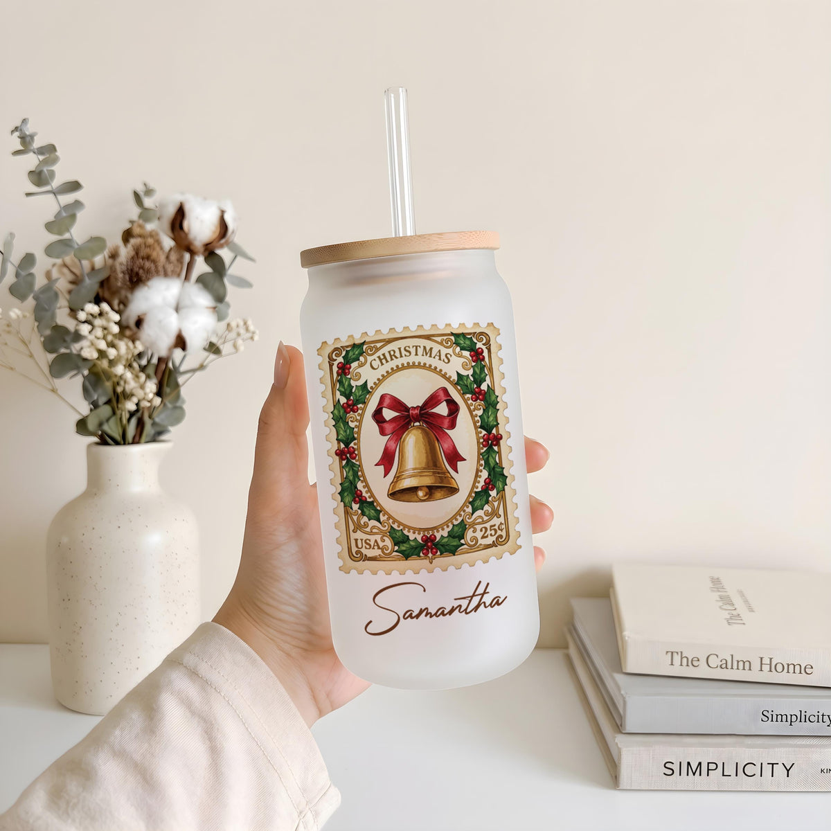 Personalized Christmas Stamp Glass Can Tumbler, Custom Name Santa Reindeer Iced Coffee Cup