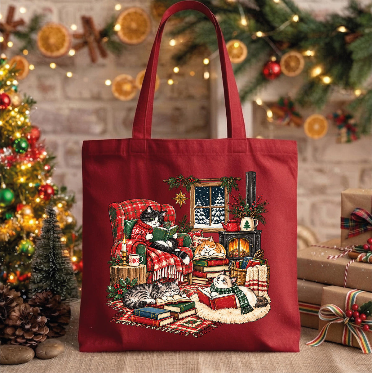 Vintage Reading Cats Tote Bag, Cozy Book Lover Canvas Bag