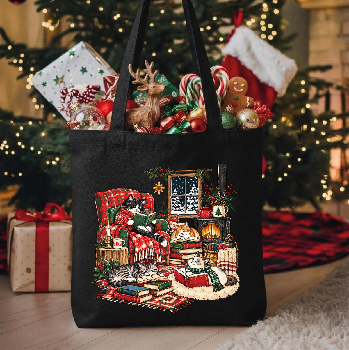 Vintage Reading Cats Tote Bag, Cozy Book Lover Canvas Bag