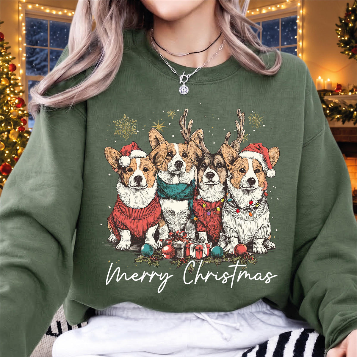 Corgi Christmas Sweatshirt, Merry Christmas Reindeer Corgi Dog Sweater