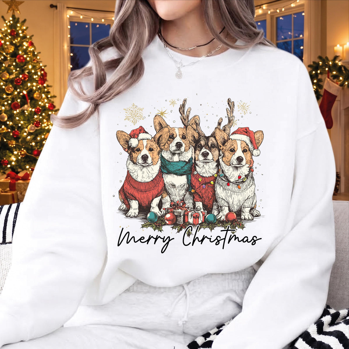 Corgi Christmas Sweatshirt, Merry Christmas Reindeer Corgi Dog Sweater