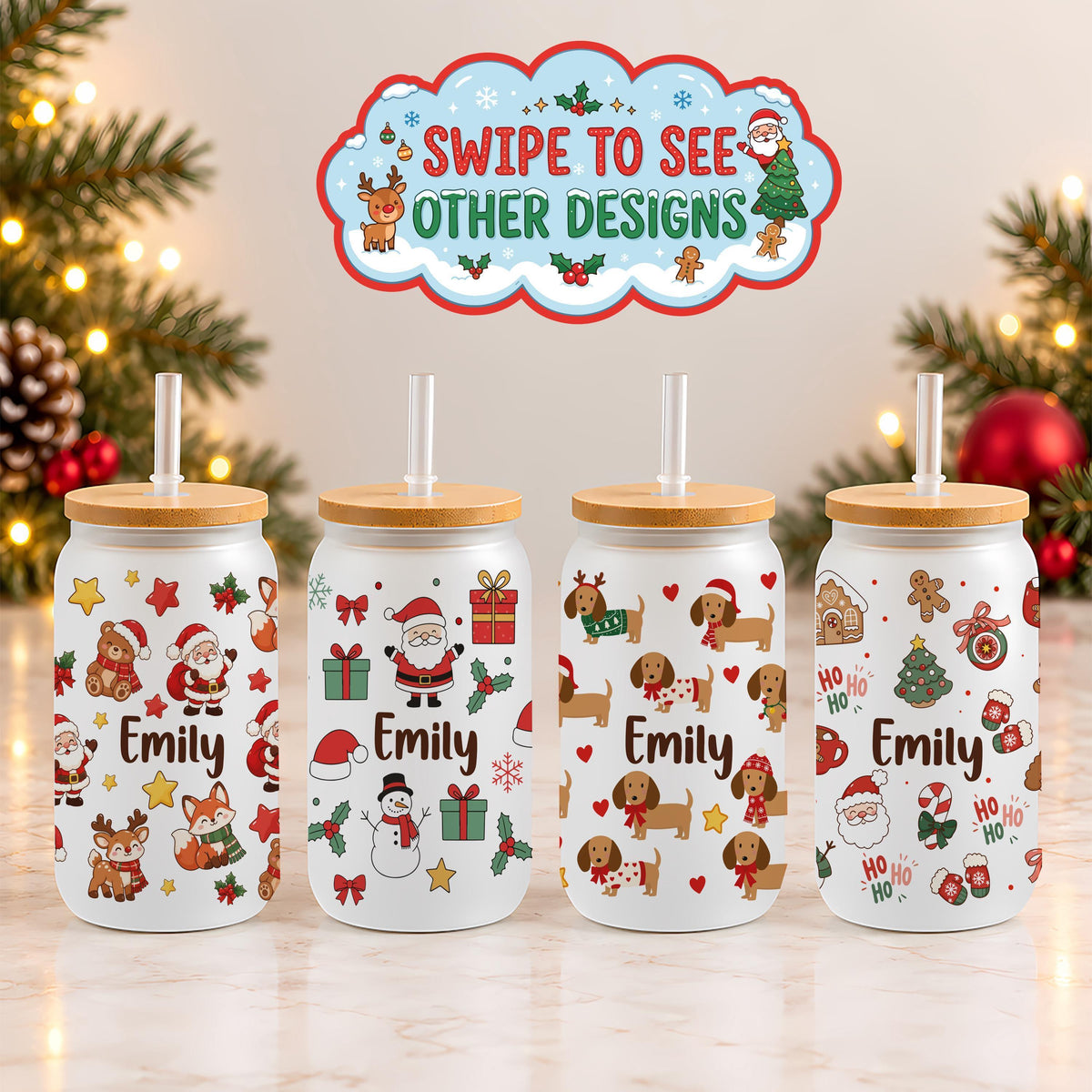 Personalized Christmas Frosted Glass Can Tumbler, Custom Name Santa Snowman Dog Cup