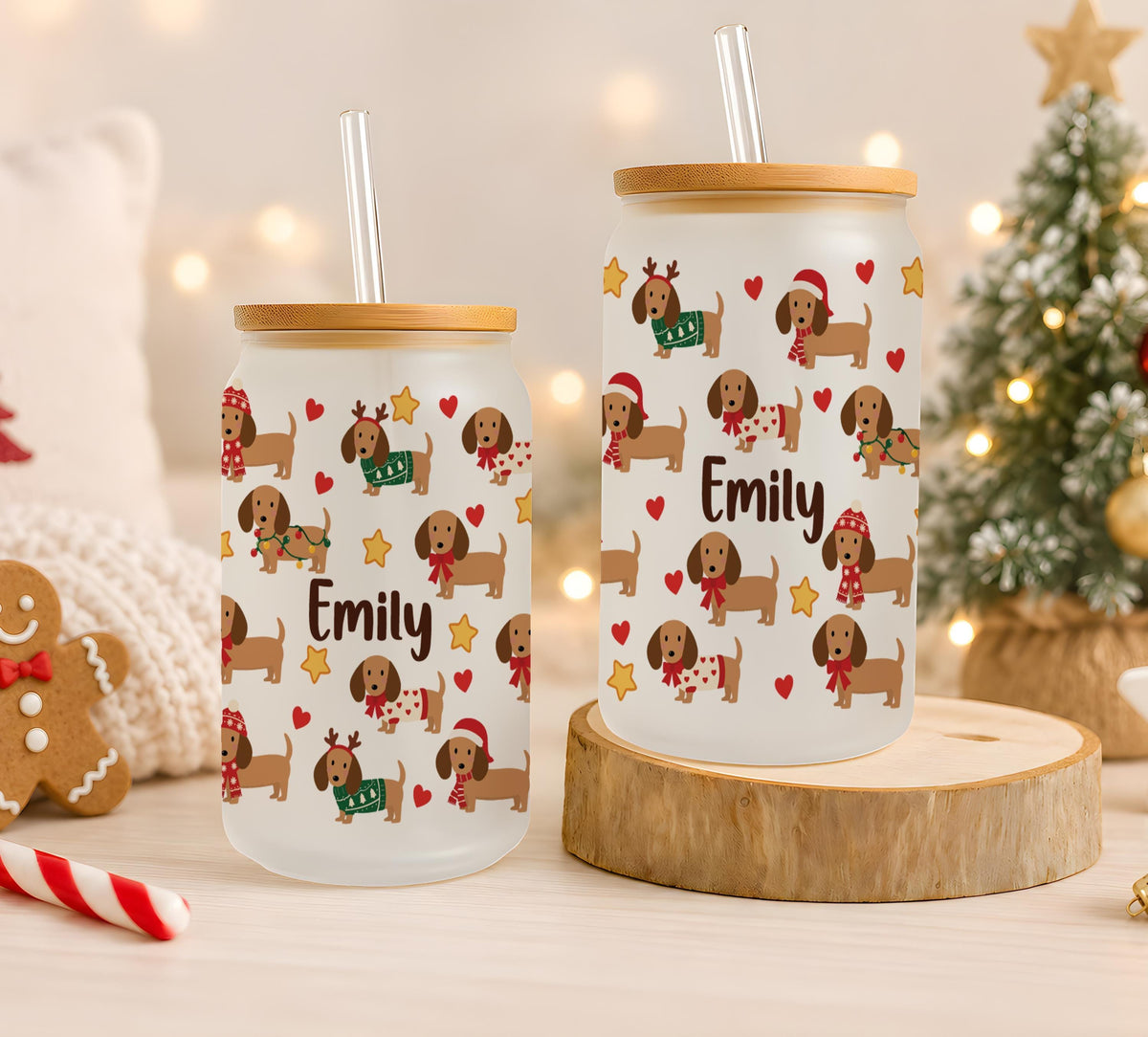 Personalized Christmas Frosted Glass Can Tumbler, Custom Name Santa Snowman Dog Cup