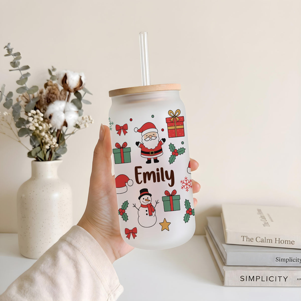 Personalized Christmas Frosted Glass Can Tumbler, Custom Name Santa Snowman Dog Cup