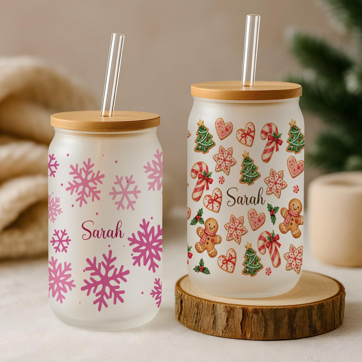 Custom Name Snowflake Candy Cane Gingerbread Glass Can Tumbler, Personalized Holiday Gift for Her