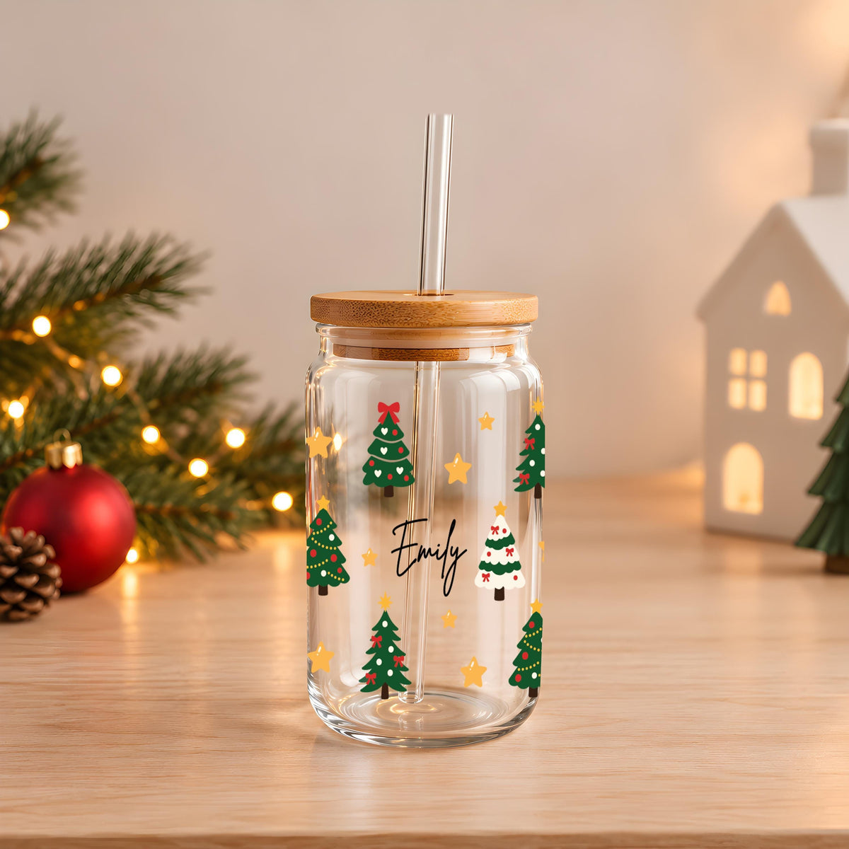 Personalized Holiday Pattern Glass Can Tumbler, Custom Snowflake Gingerbread Iced Coffee Cup