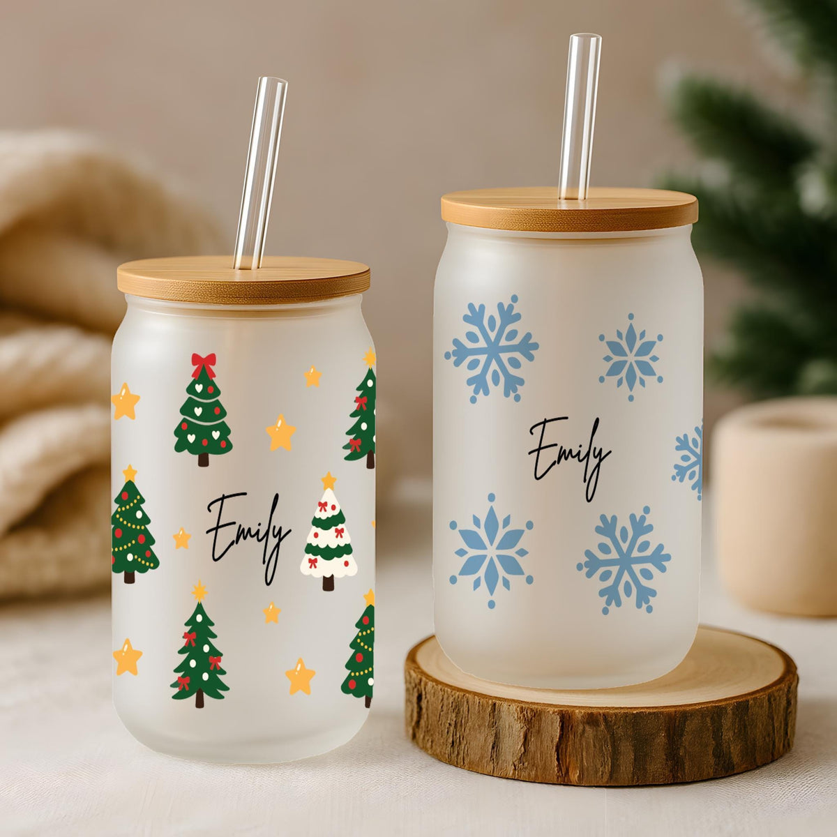 Personalized Holiday Pattern Glass Can Tumbler, Custom Snowflake Gingerbread Iced Coffee Cup