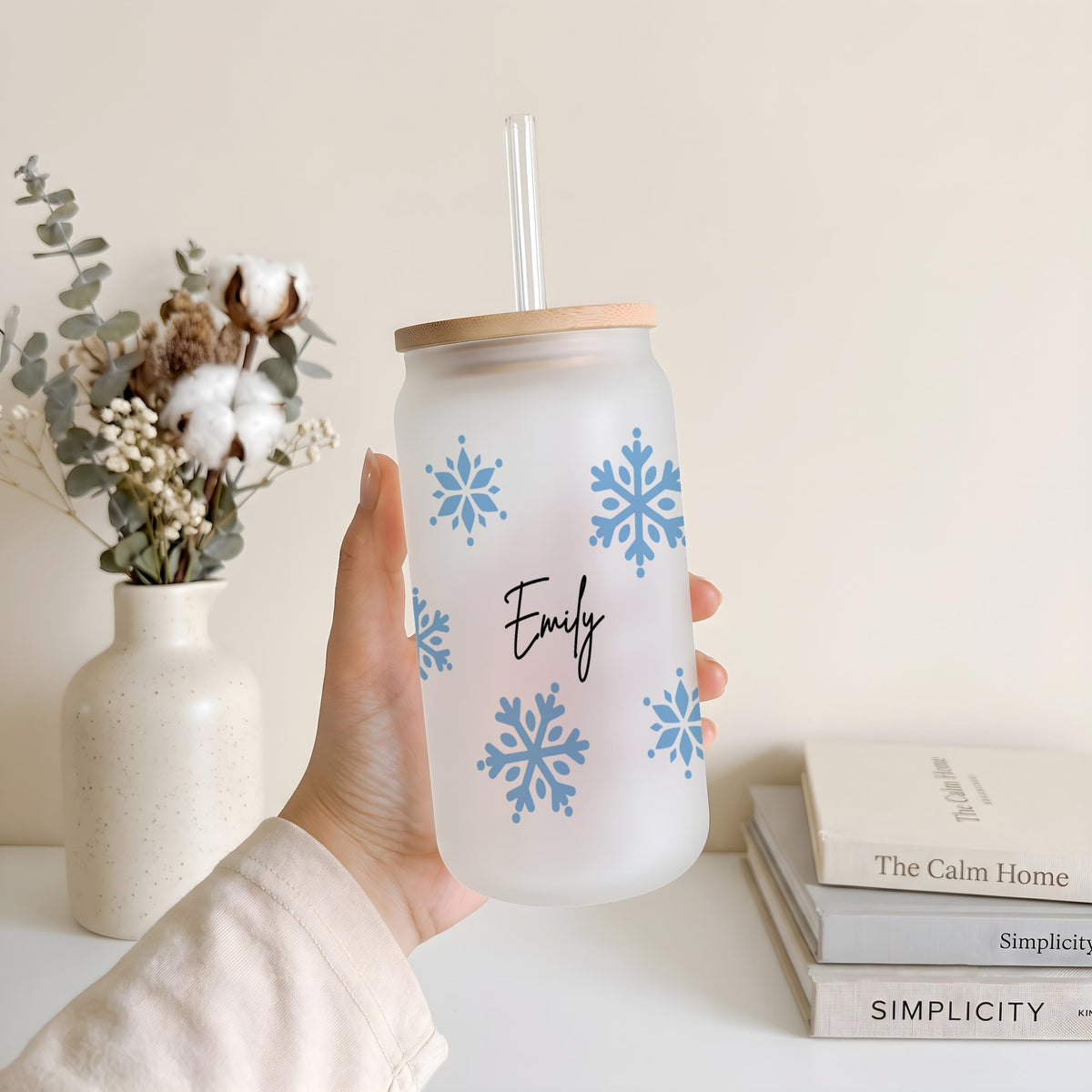 Personalized Holiday Pattern Glass Can Tumbler, Custom Snowflake Gingerbread Iced Coffee Cup