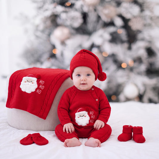Newborn Christmas Santa Knit Romper and Blanket Gift Set, Santa Costume Romper for Babies
