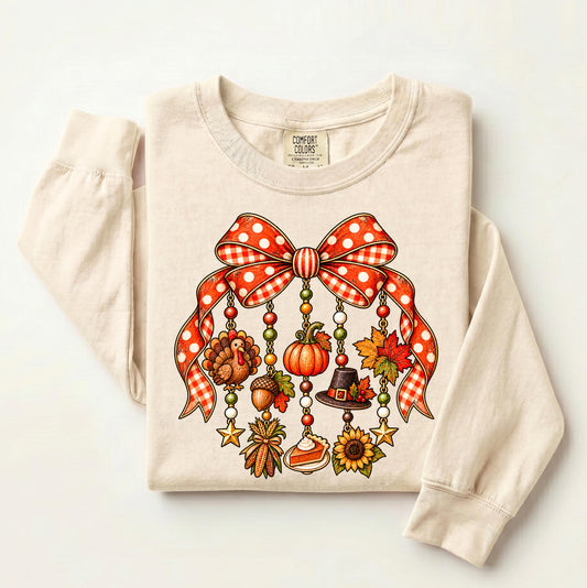 Coquette Bow Turkey Comfort Colors® Long Sleeve, Fall Pumpkin Thanksgiving Shirt