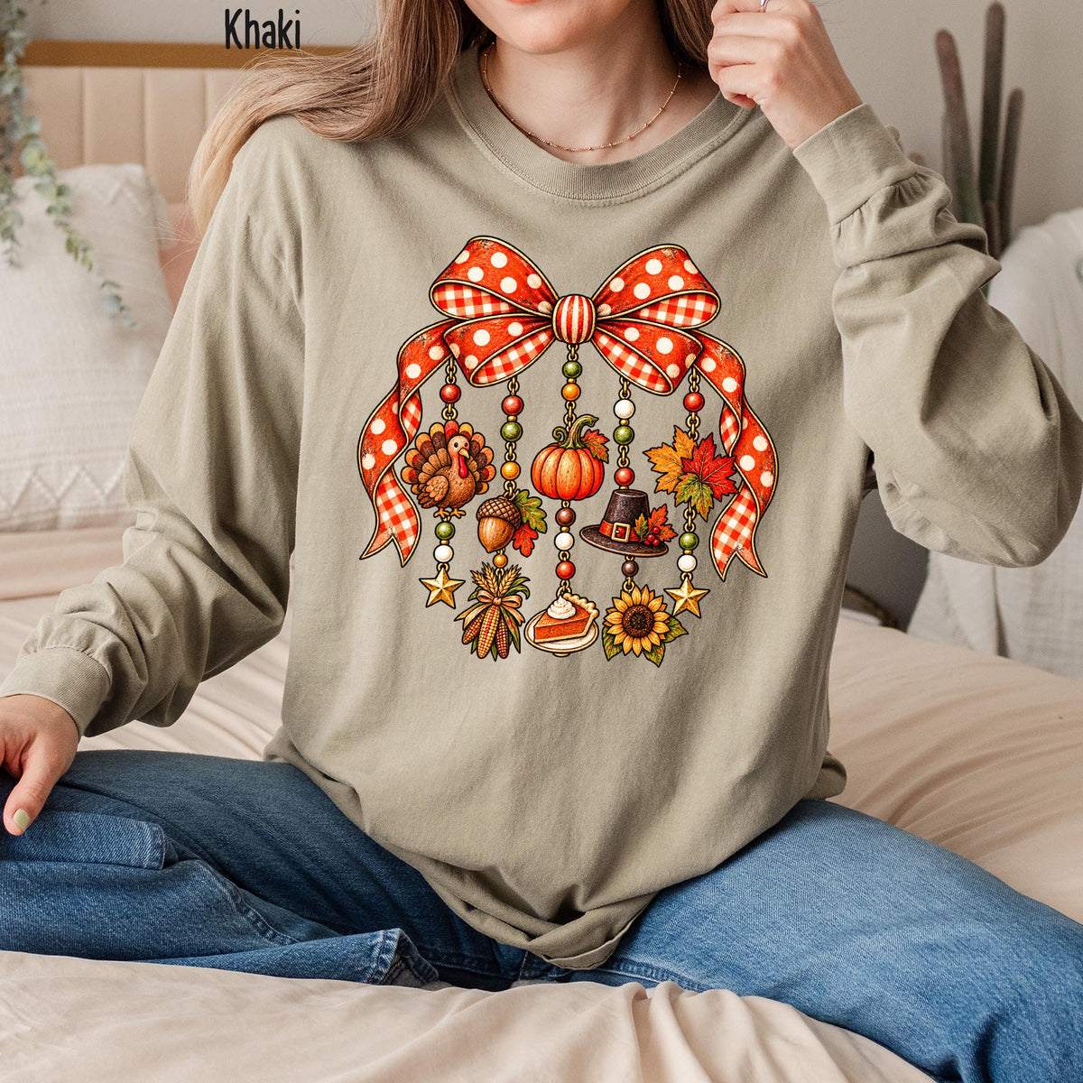 Coquette Bow Turkey Comfort Colors® Long Sleeve, Fall Pumpkin Thanksgiving Shirt