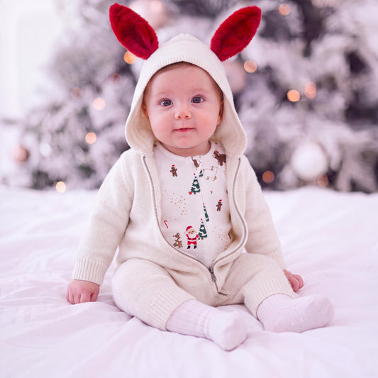 Christmas Bunny Ear Knit Baby Romper, Hooded Newborn Winter Romper with Print Sleeper