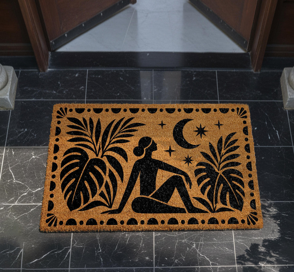 Boho Girl and Moon Doormat, Mid Century Celestial Welcome Mat