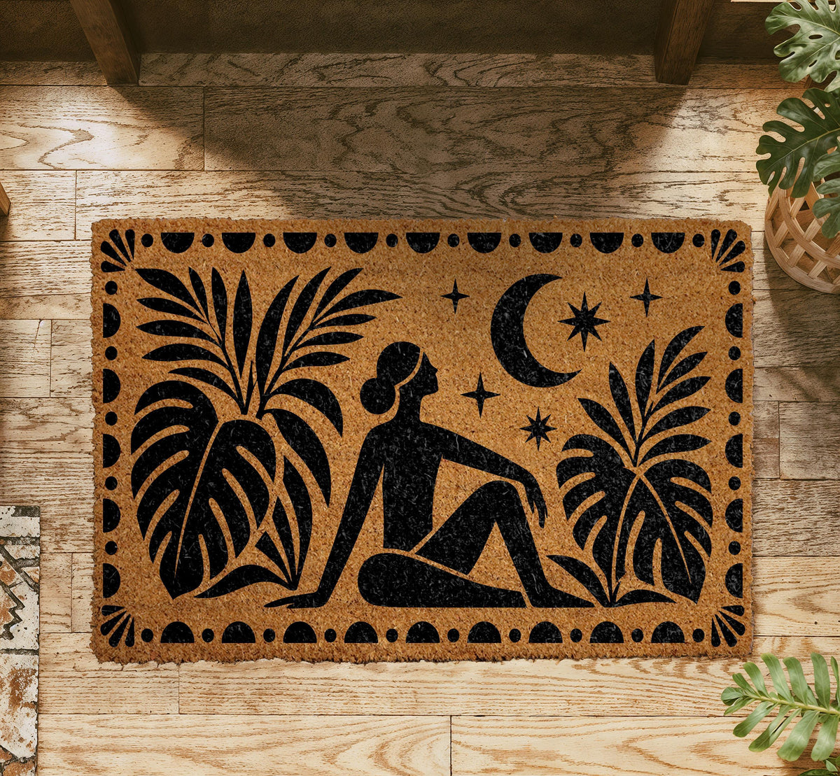 Boho Girl and Moon Doormat, Mid Century Celestial Welcome Mat