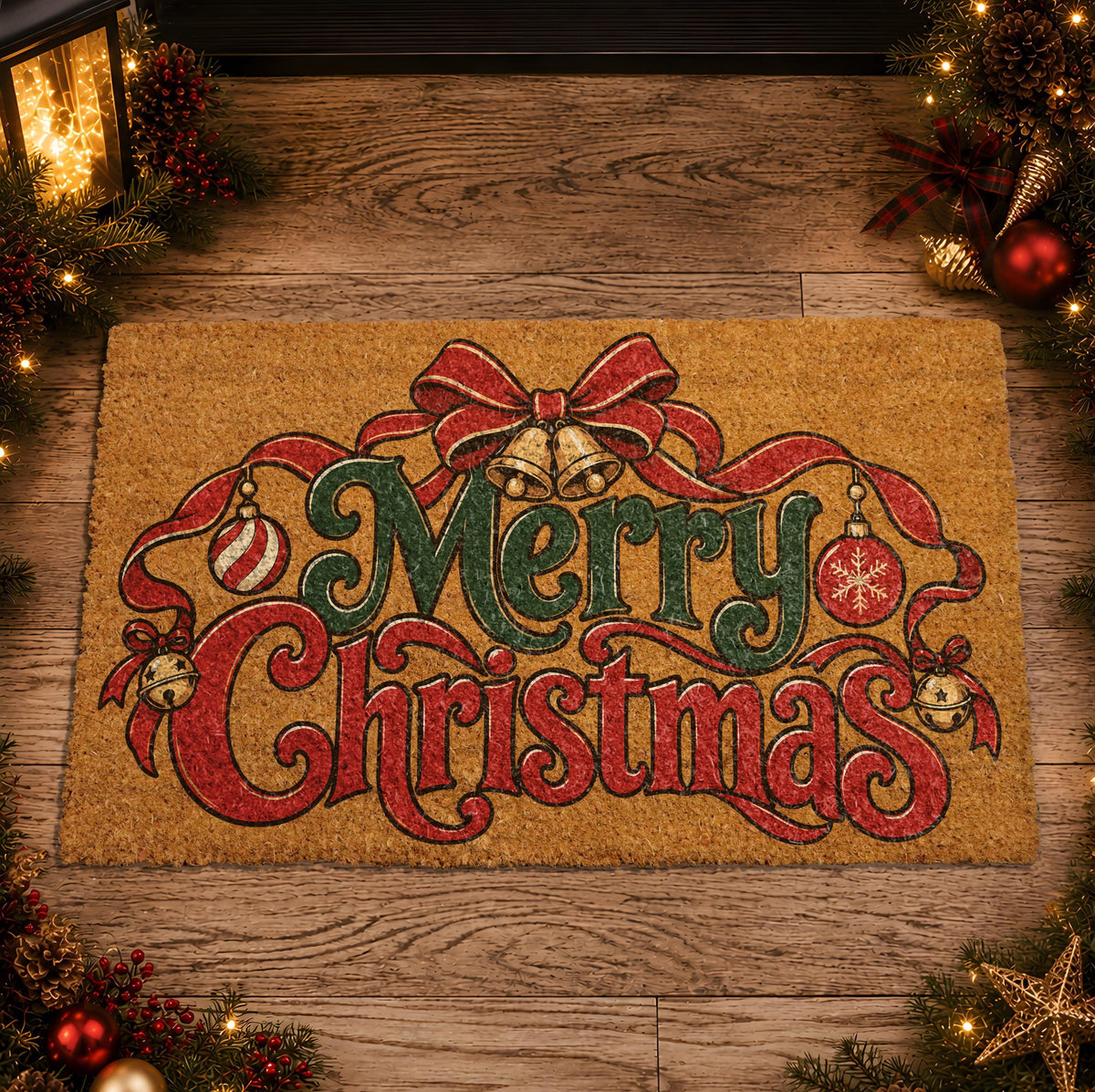Merry Christmas Doormat, Festive Red and Green Holiday Bow Welcome Mat