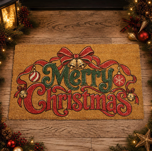 Merry Christmas Doormat, Festive Red and Green Holiday Bow Welcome Mat