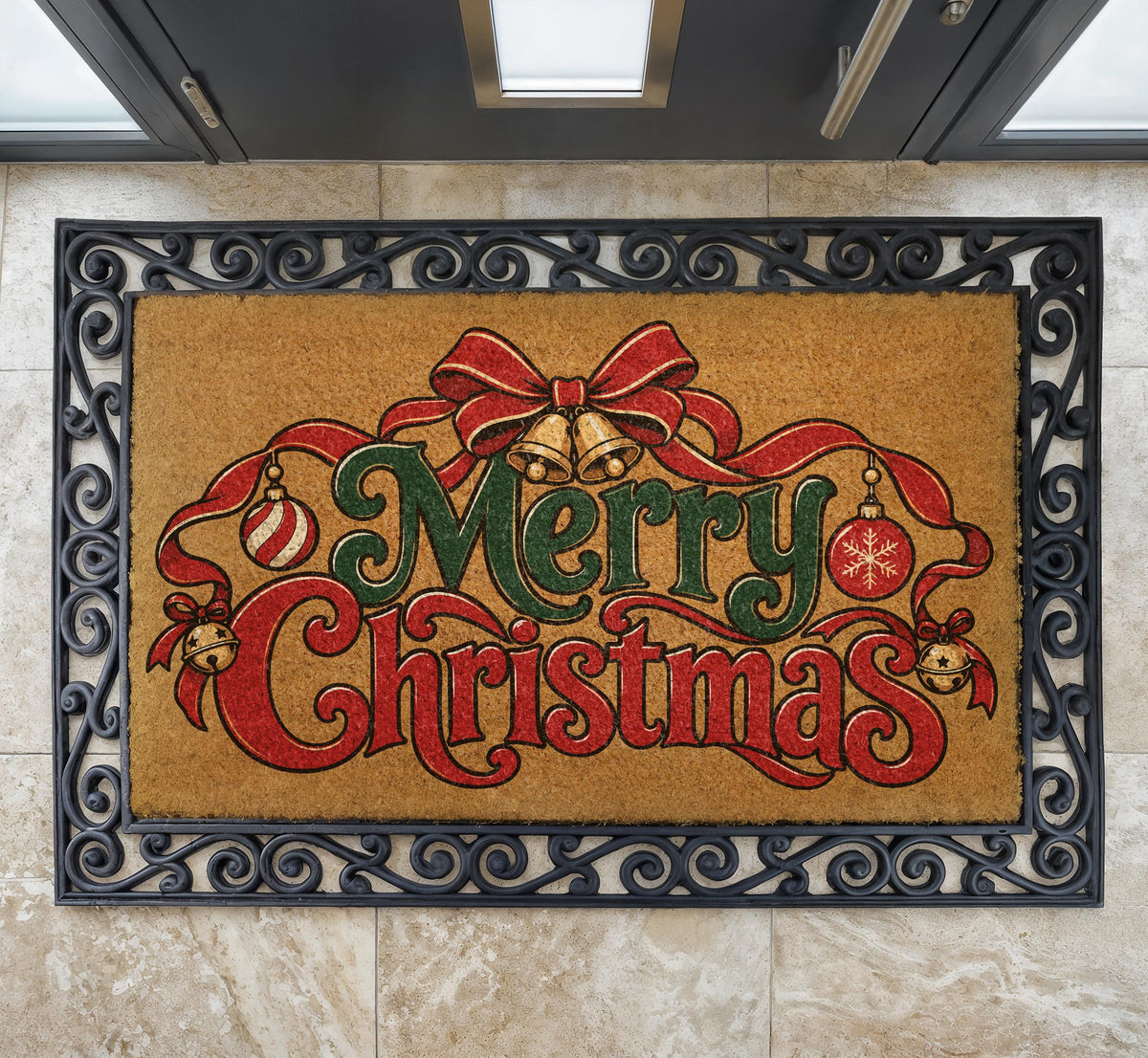 Merry Christmas Doormat, Festive Red and Green Holiday Bow Welcome Mat