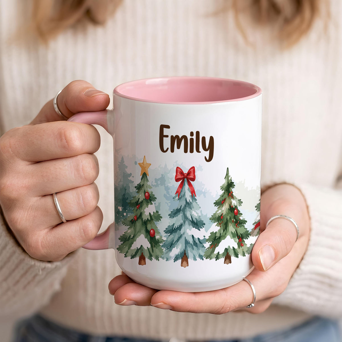 Personalized Christmas Tree Mug, Custom Name Watercolor Pine Tree Coffee Cup