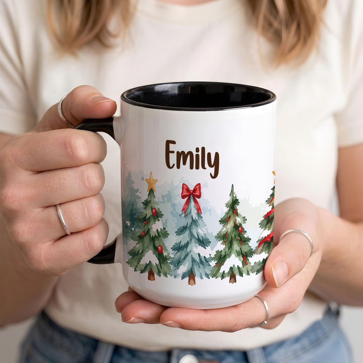Personalized Christmas Tree Mug, Custom Name Watercolor Pine Tree Coffee Cup