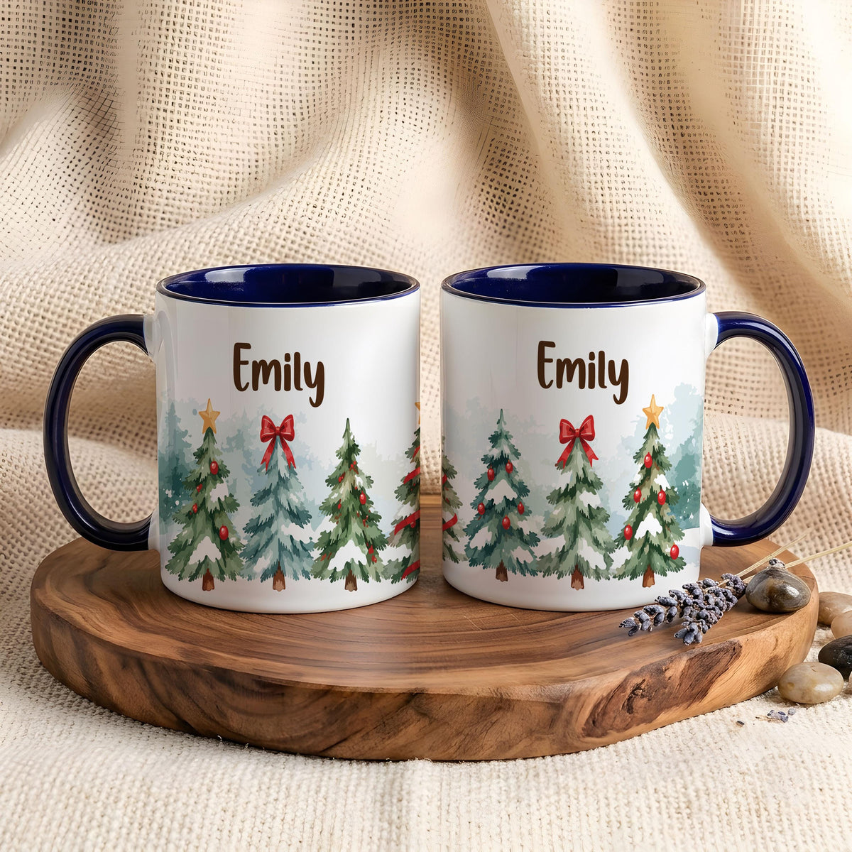 Personalized Christmas Tree Mug, Custom Name Watercolor Pine Tree Coffee Cup