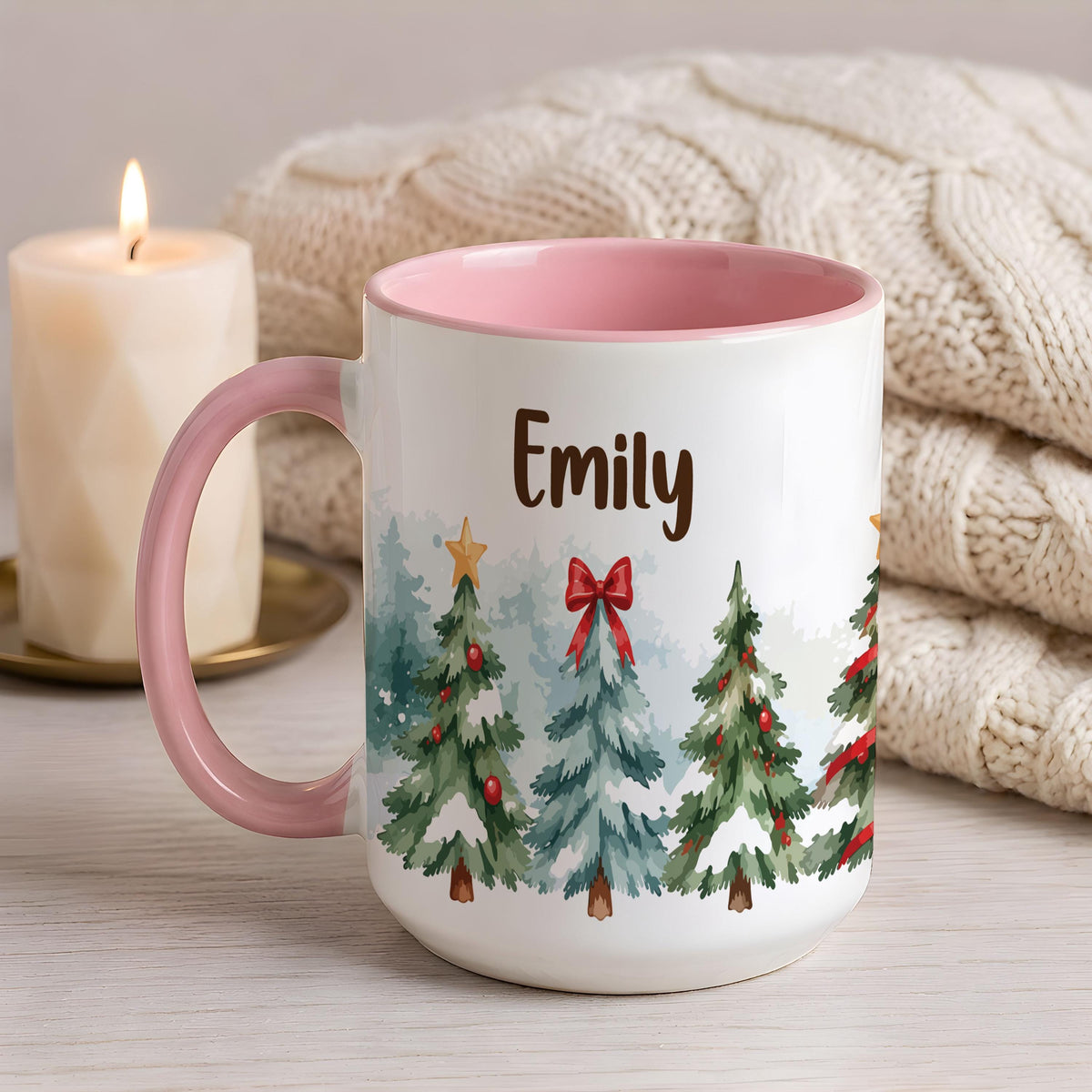 Personalized Christmas Tree Mug, Custom Name Watercolor Pine Tree Coffee Cup