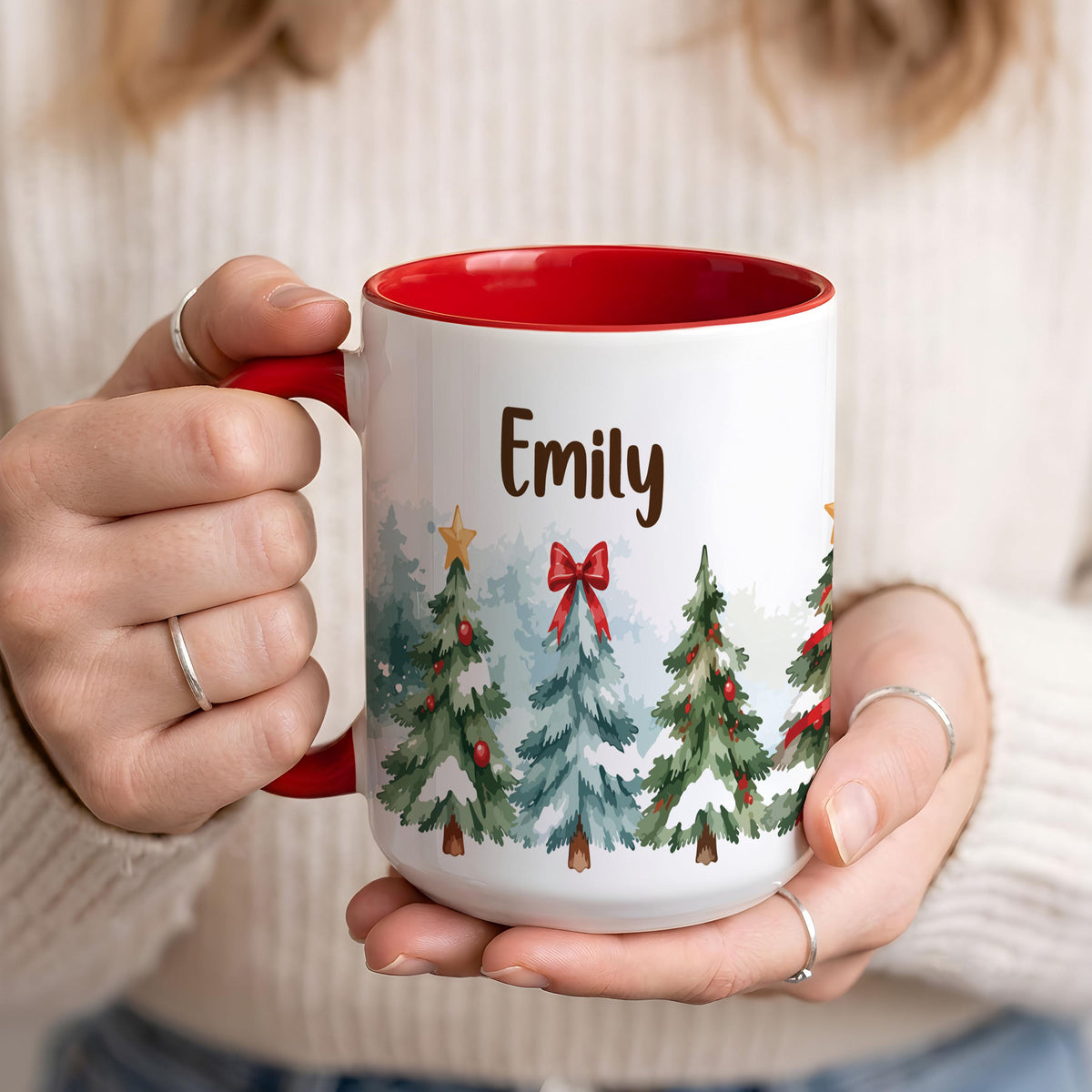 Personalized Christmas Tree Mug, Custom Name Watercolor Pine Tree Coffee Cup