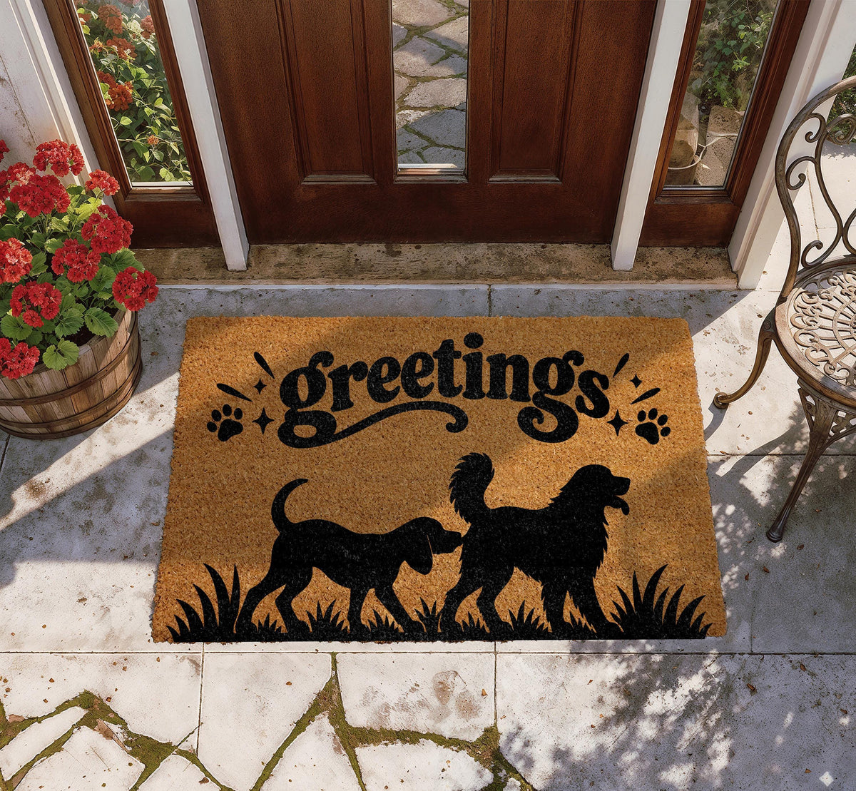 Dog Greetings Coir Welcome Mat, Funny Sniffing Dogs Silhouette Doormat