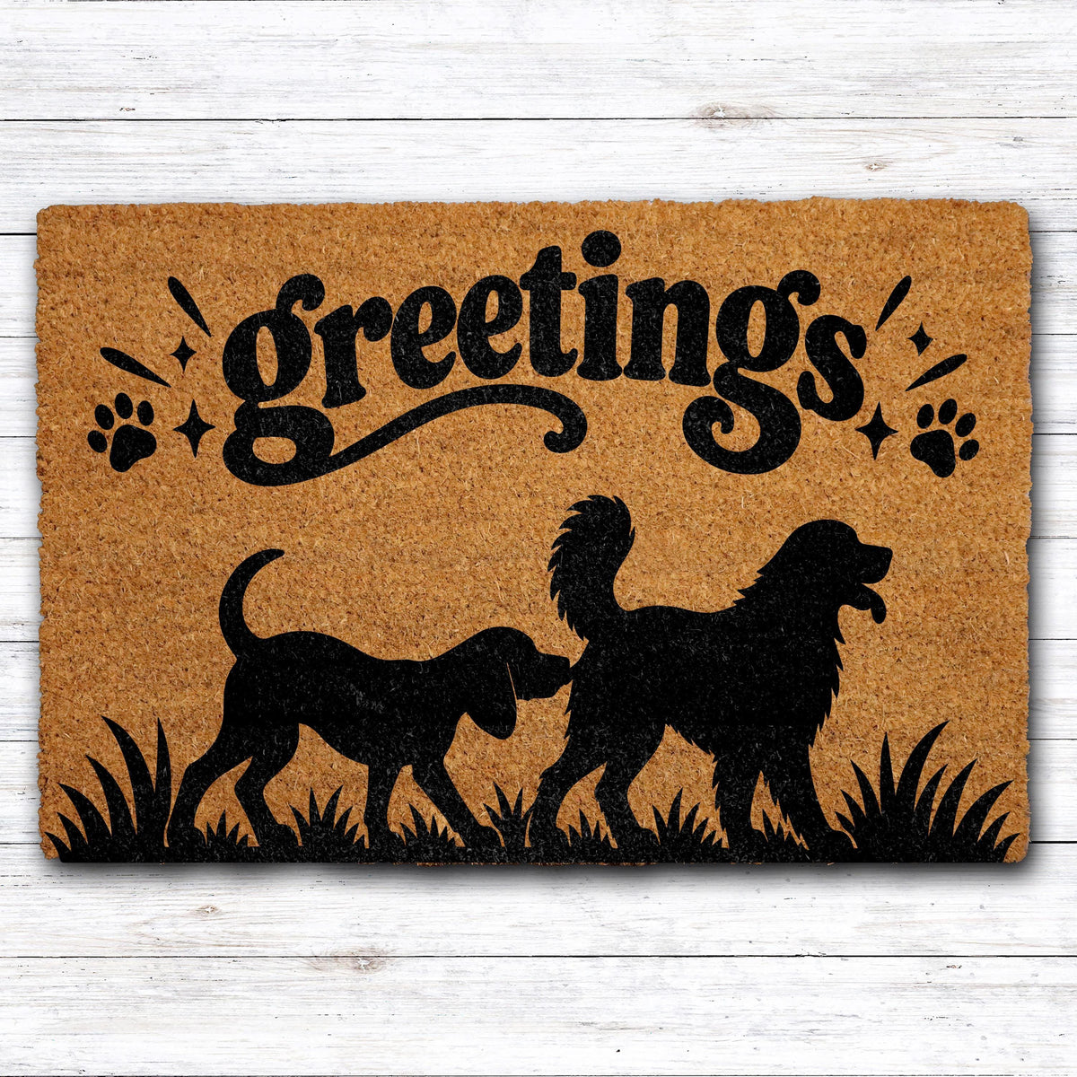 Dog Greetings Coir Welcome Mat, Funny Sniffing Dogs Silhouette Doormat