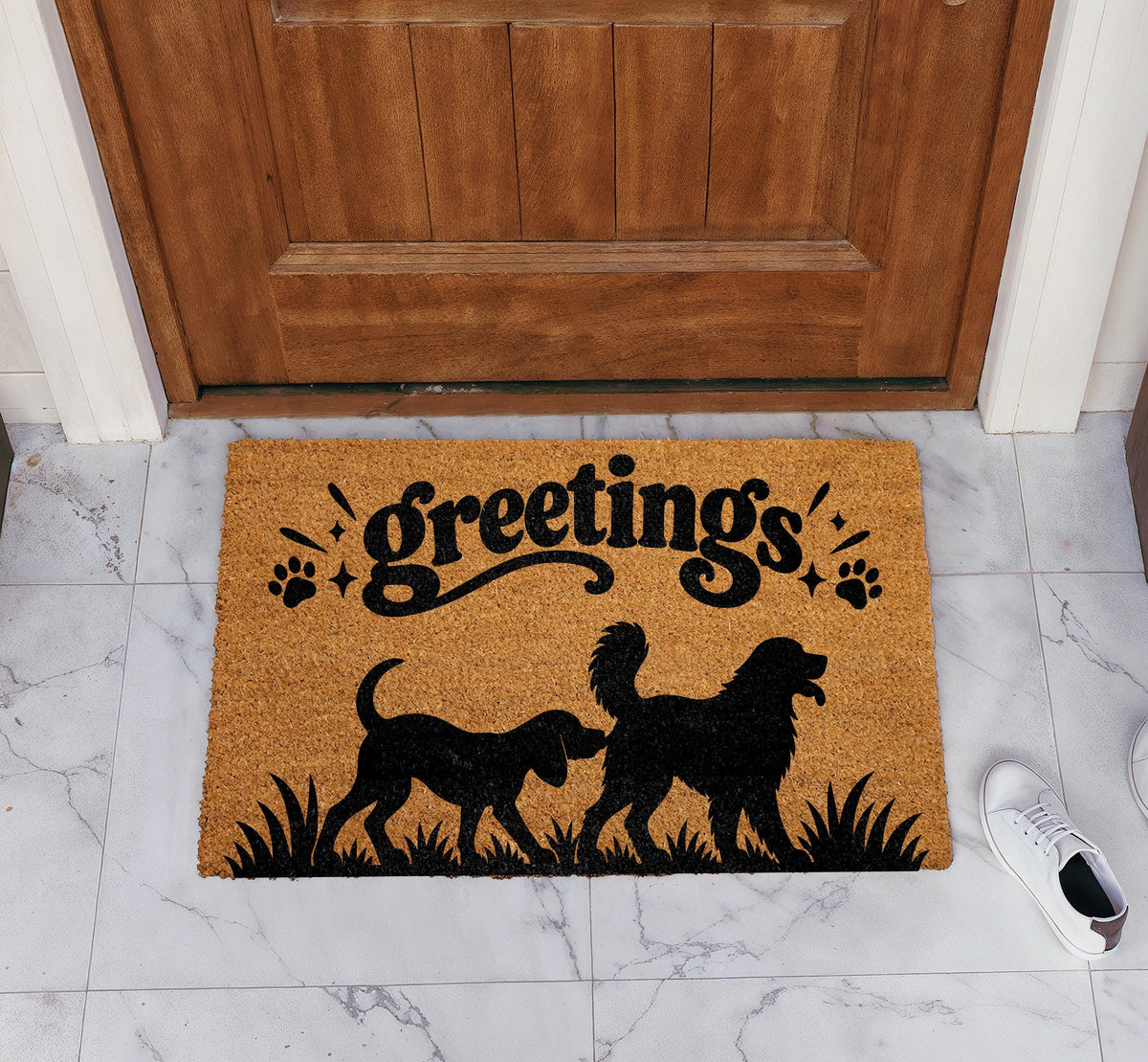 Dog Greetings Coir Welcome Mat, Funny Sniffing Dogs Silhouette Doormat