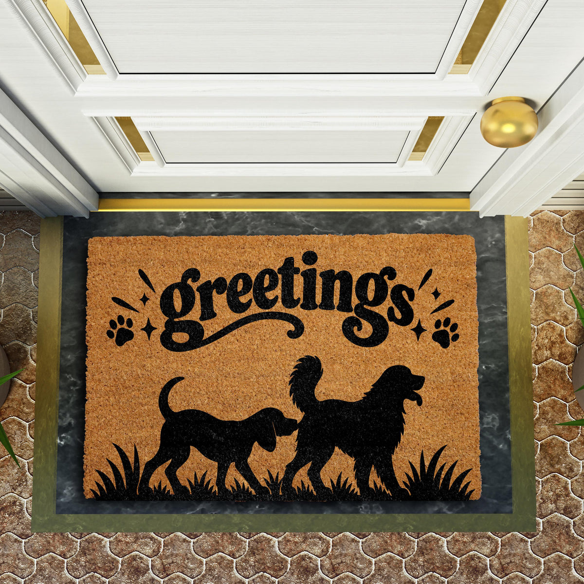 Dog Greetings Coir Welcome Mat, Funny Sniffing Dogs Silhouette Doormat