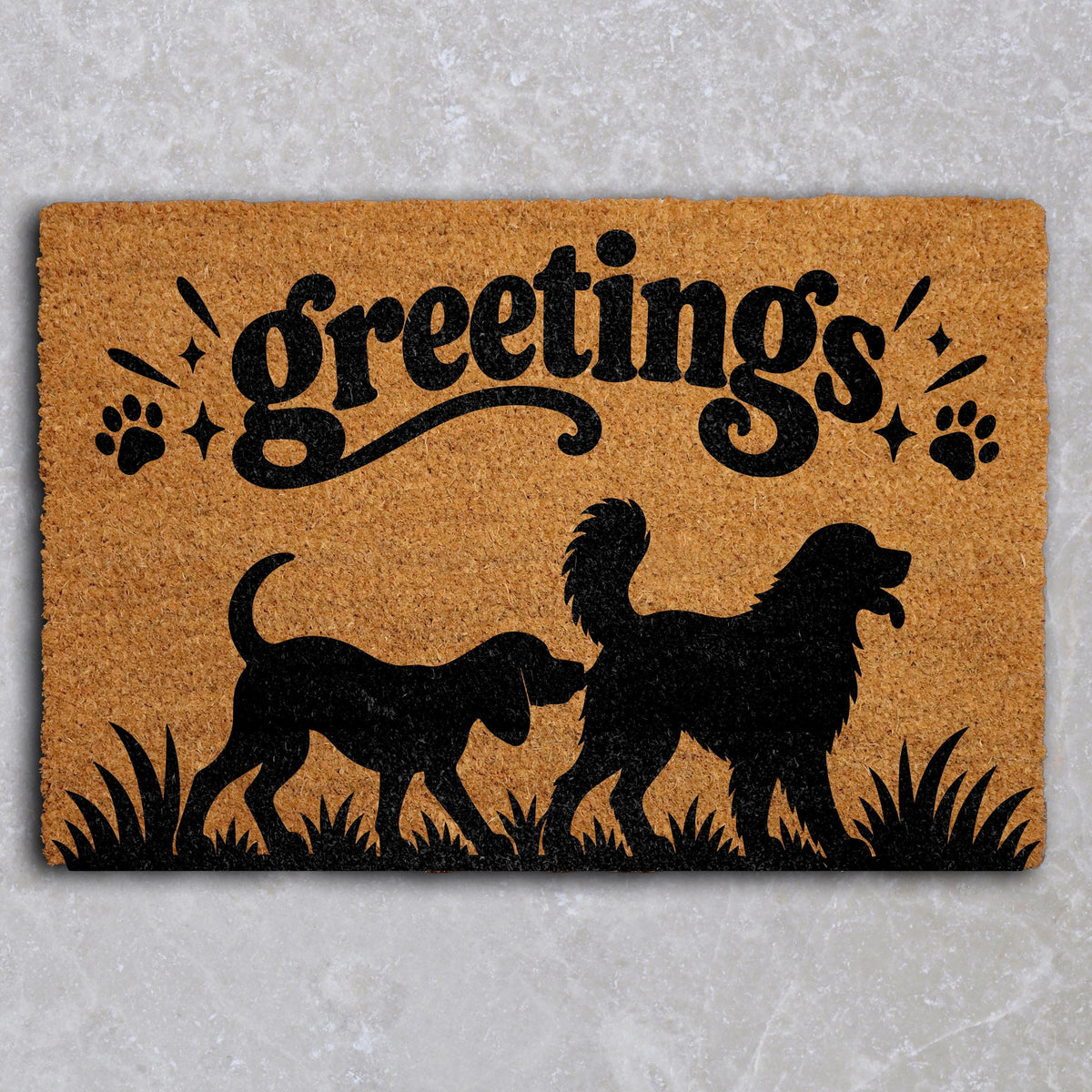Dog Greetings Coir Welcome Mat, Funny Sniffing Dogs Silhouette Doormat