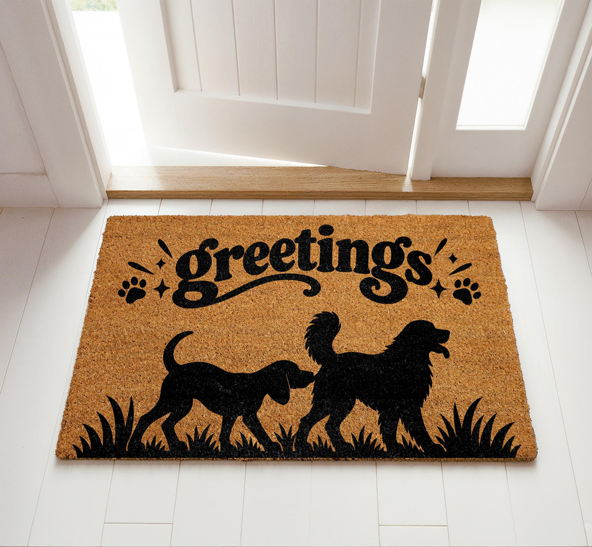 Dog Greetings Coir Welcome Mat, Funny Sniffing Dogs Silhouette Doormat