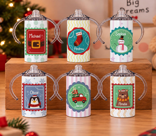 Personalized Christmas Sippy Cup With Handles, Custom Toddler Holiday Tumbler