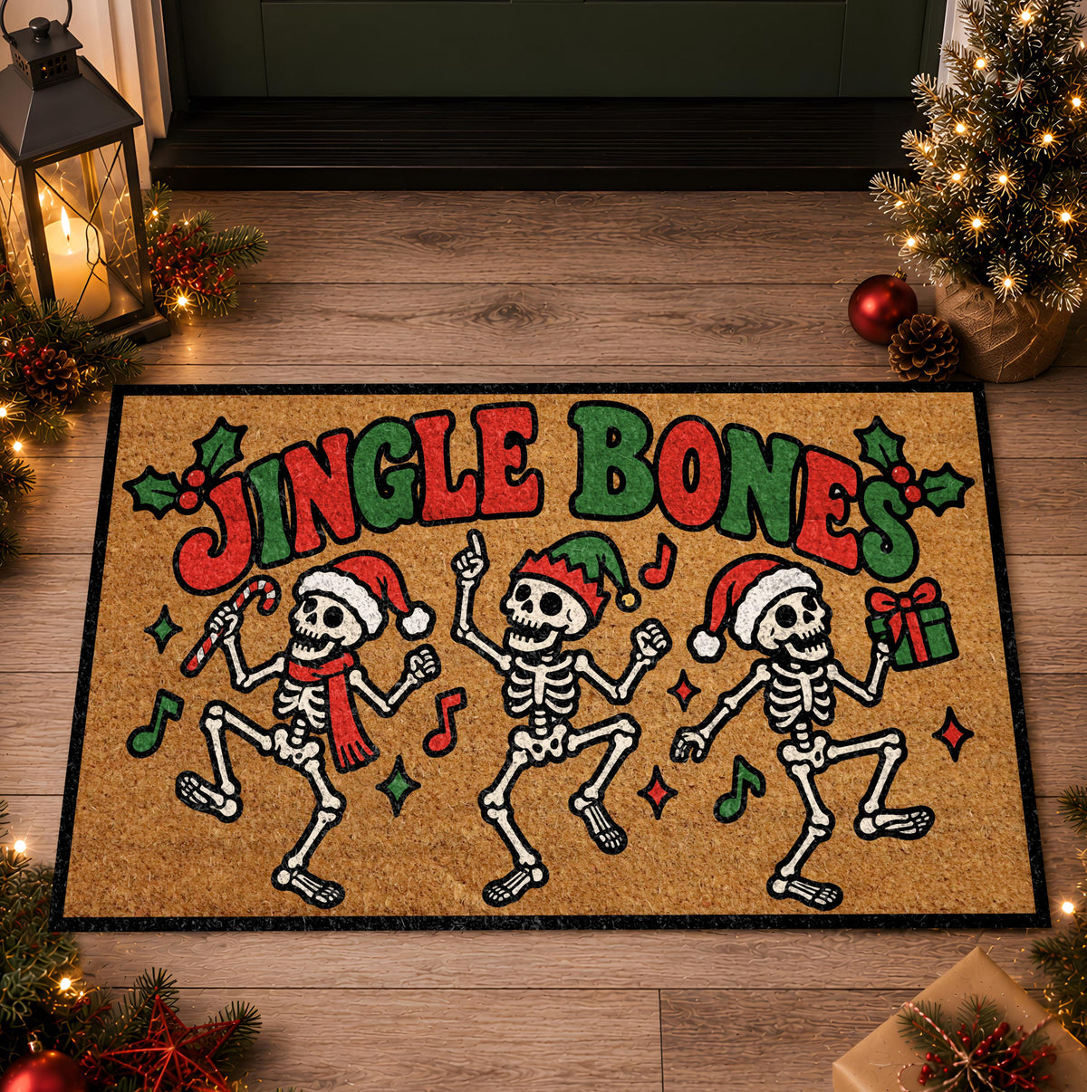 Funny Skeleton Christmas Doormat, Jingle Bones Holiday Door Mat